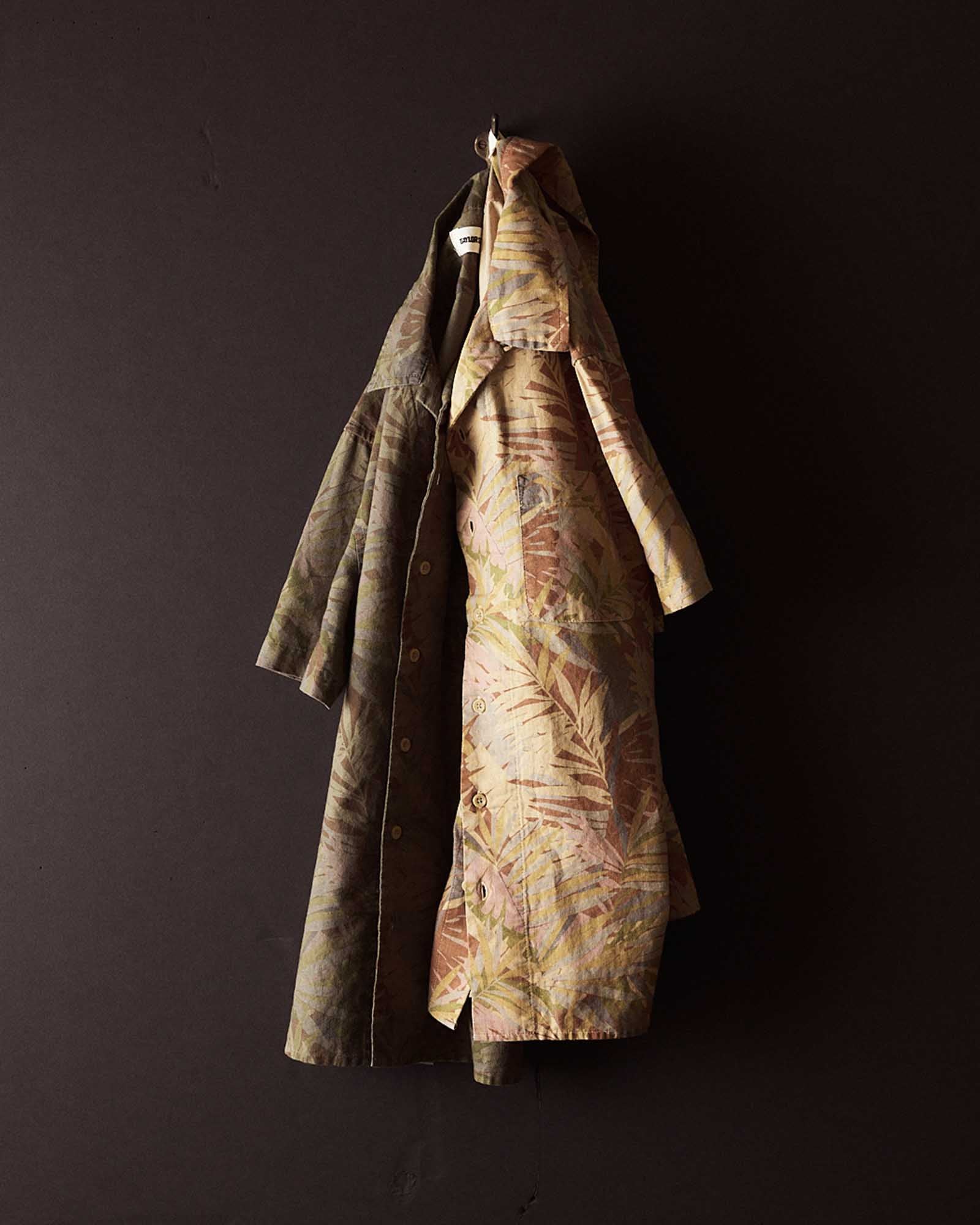 editorial image of The Hawthorne Shirt in Fatigue Olive Desert Palm hanging, Wovens by Taylor Stitch