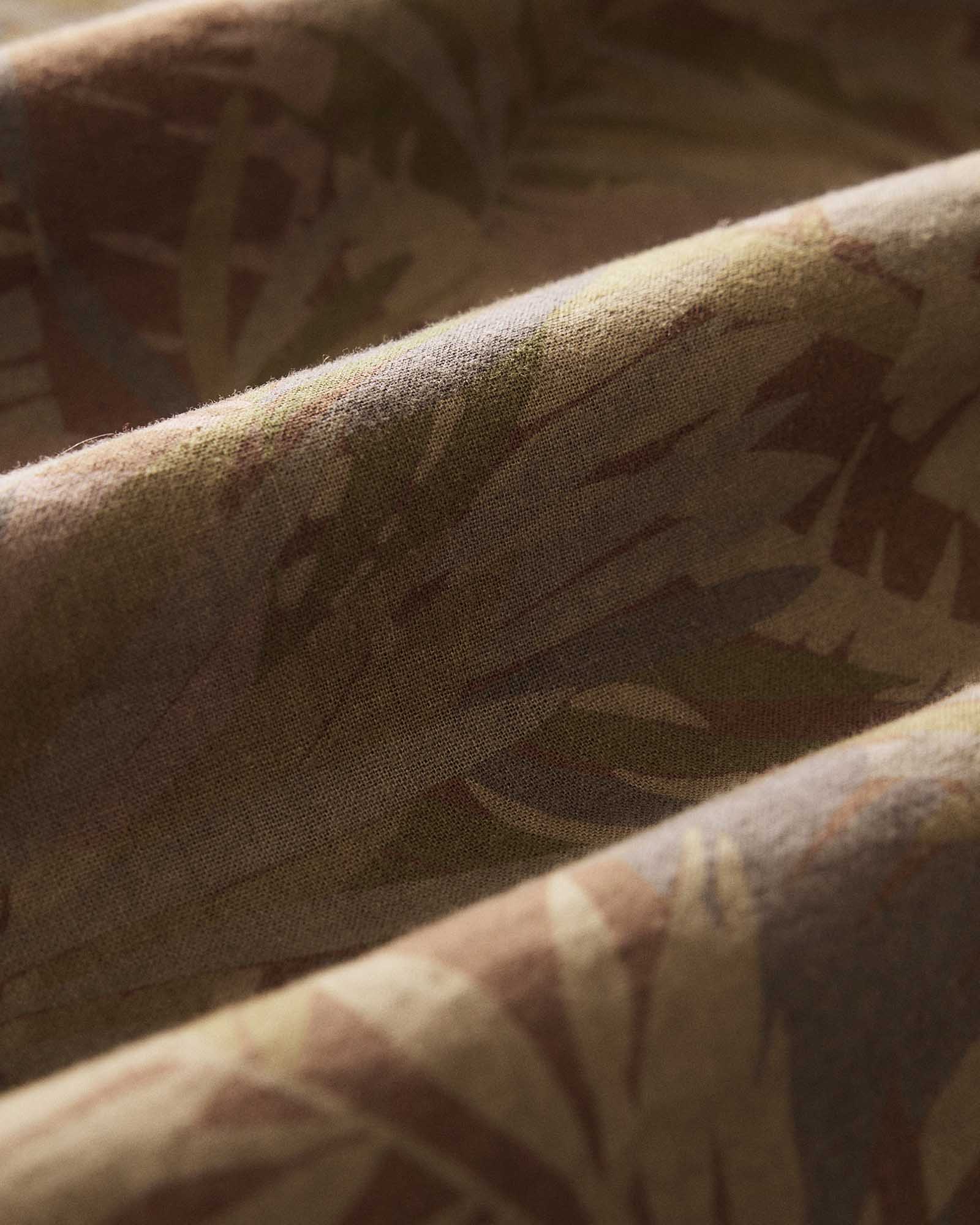 material shot of the fabric on The Hawthorne Shirt in Fatigue Olive Desert Palm, Wovens by Taylor Stitch