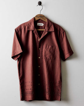 editorial image of The Hawthorne Shirt in Red Wine Border Eyelet hanging, Wovens by Taylor Stitch