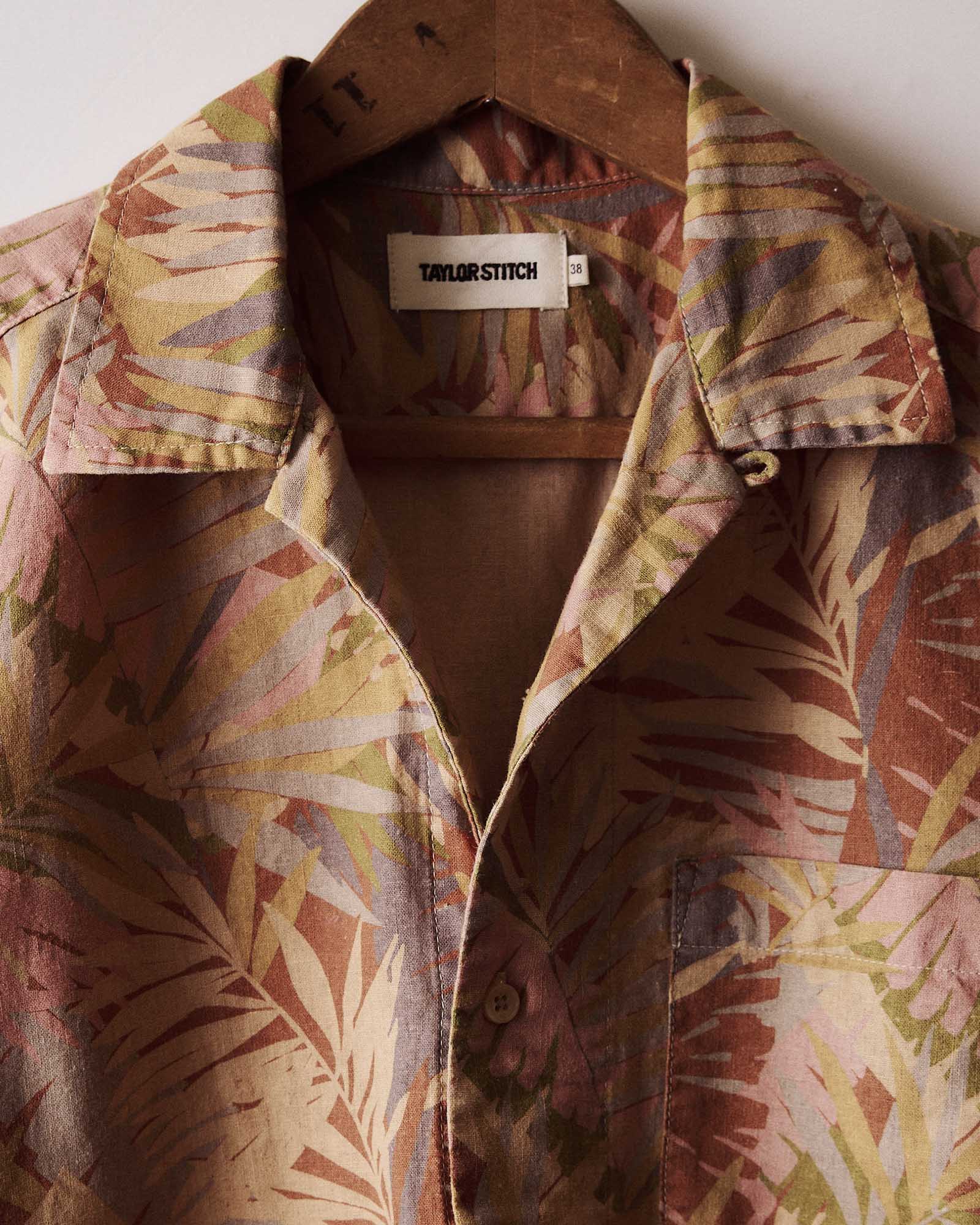 editorial image of The Hawthorne Shirt in Tea Desert Palm hanging, Wovens by Taylor Stitch