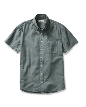 flatlay of The Short Sleeve Jack in Deep Sea Seersucker, Wovens by Taylor Stitch