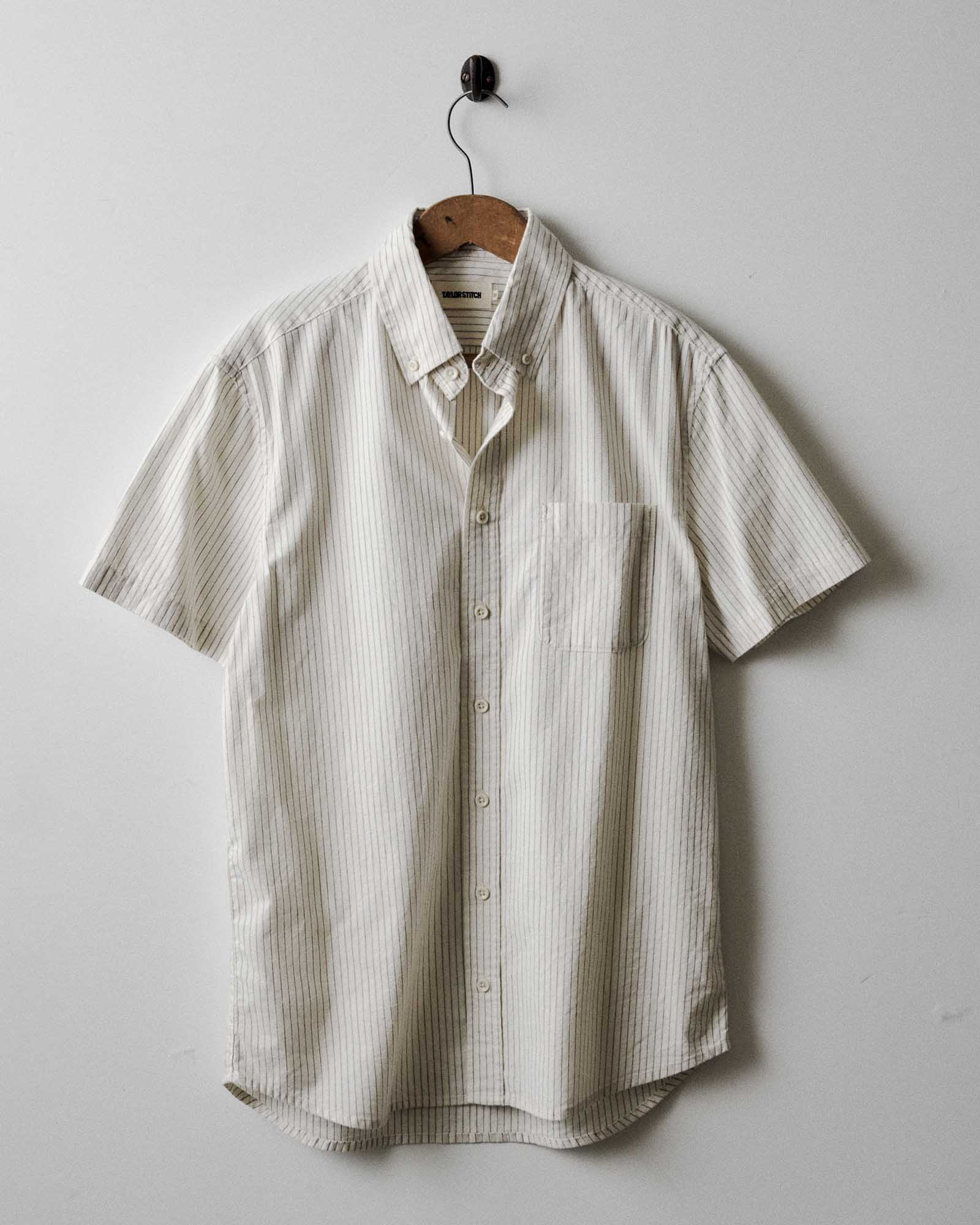 editorial image of The Short Sleeve Jack in Indigo Stripe hanging, Wovens by Taylor Stitch