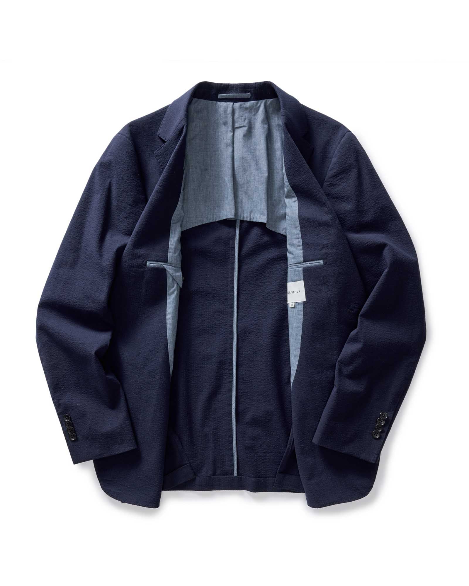 flatlay of the inside of The Stevens Sportcoat in Navy Linen Seersucker, Outerwear by Taylor Stitch