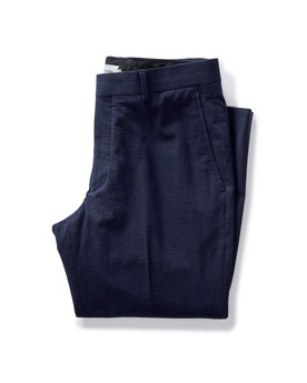 folded flatlay of The Stevens Trouser in Navy Linen Seersucker, Bottoms by Taylor Stitch