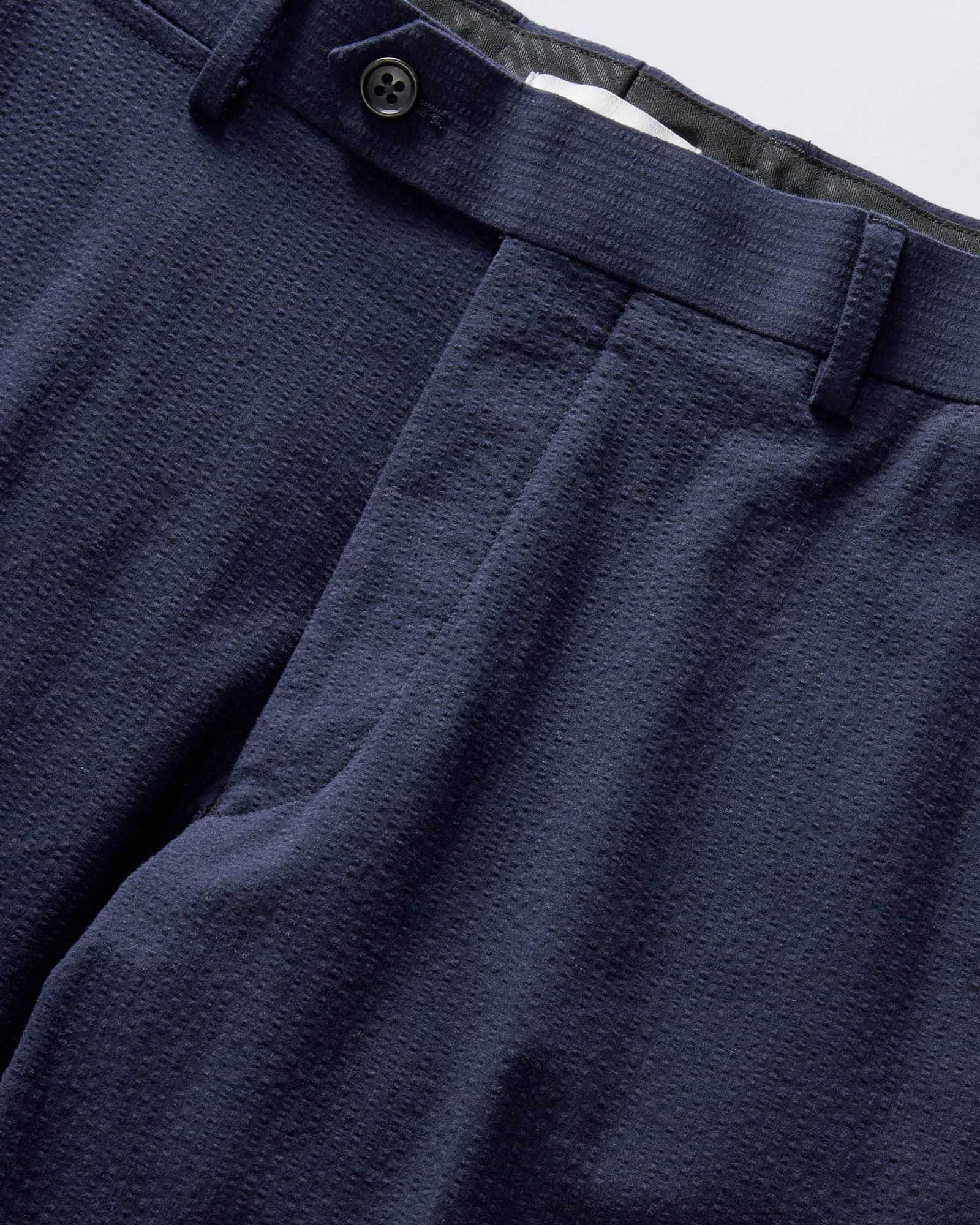material shot of the waistband on The Stevens Trouser in Navy Linen Seersucker, Bottoms by Taylor Stitch