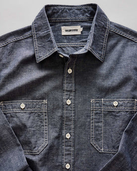 material shot of the collar on The Utility Shirt in Rinsed Indigo Nep, Wovens by Taylor Stitch