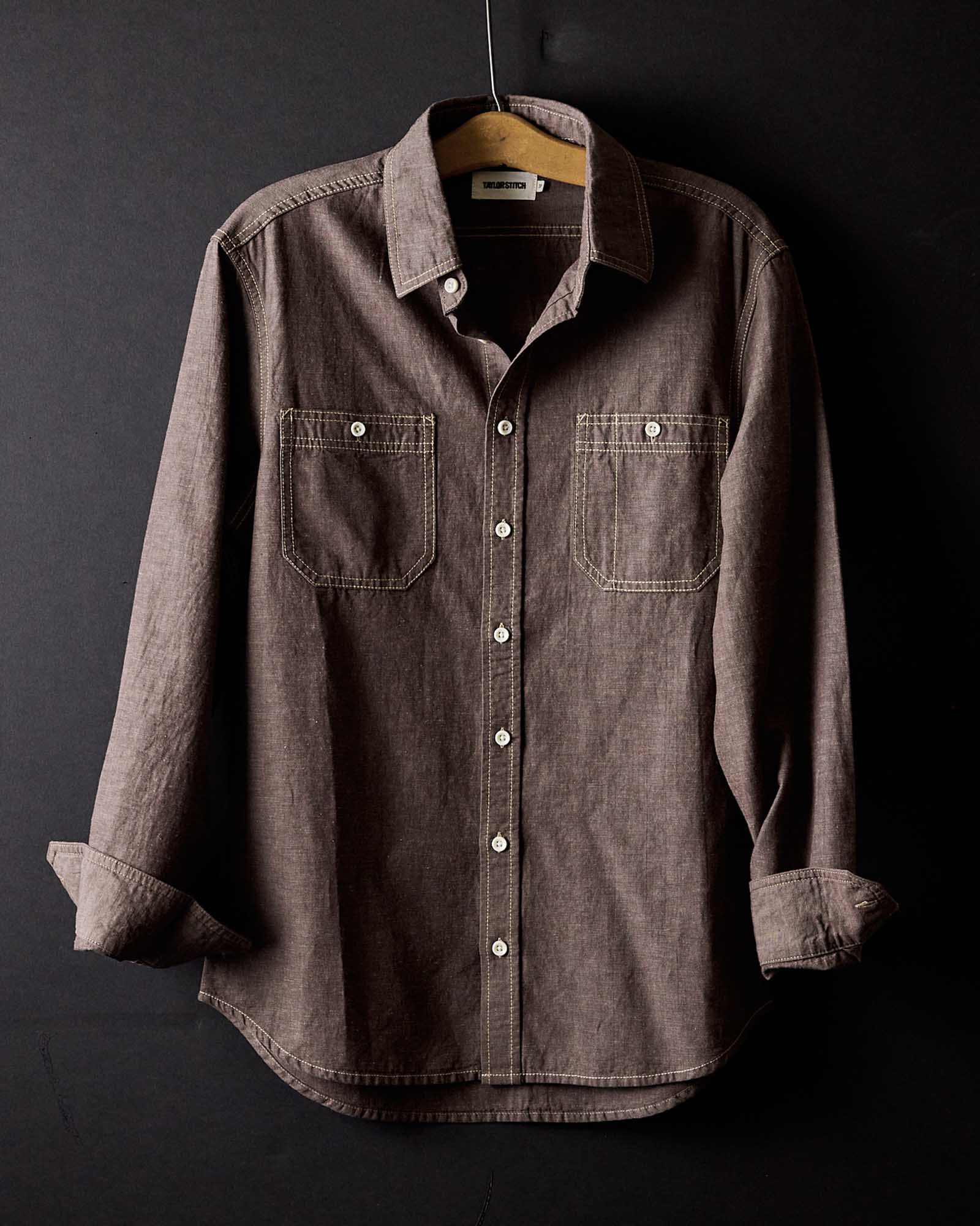 editorial image of The Utility Shirt in Soil Nep hanging, Wovens by Taylor Stitch