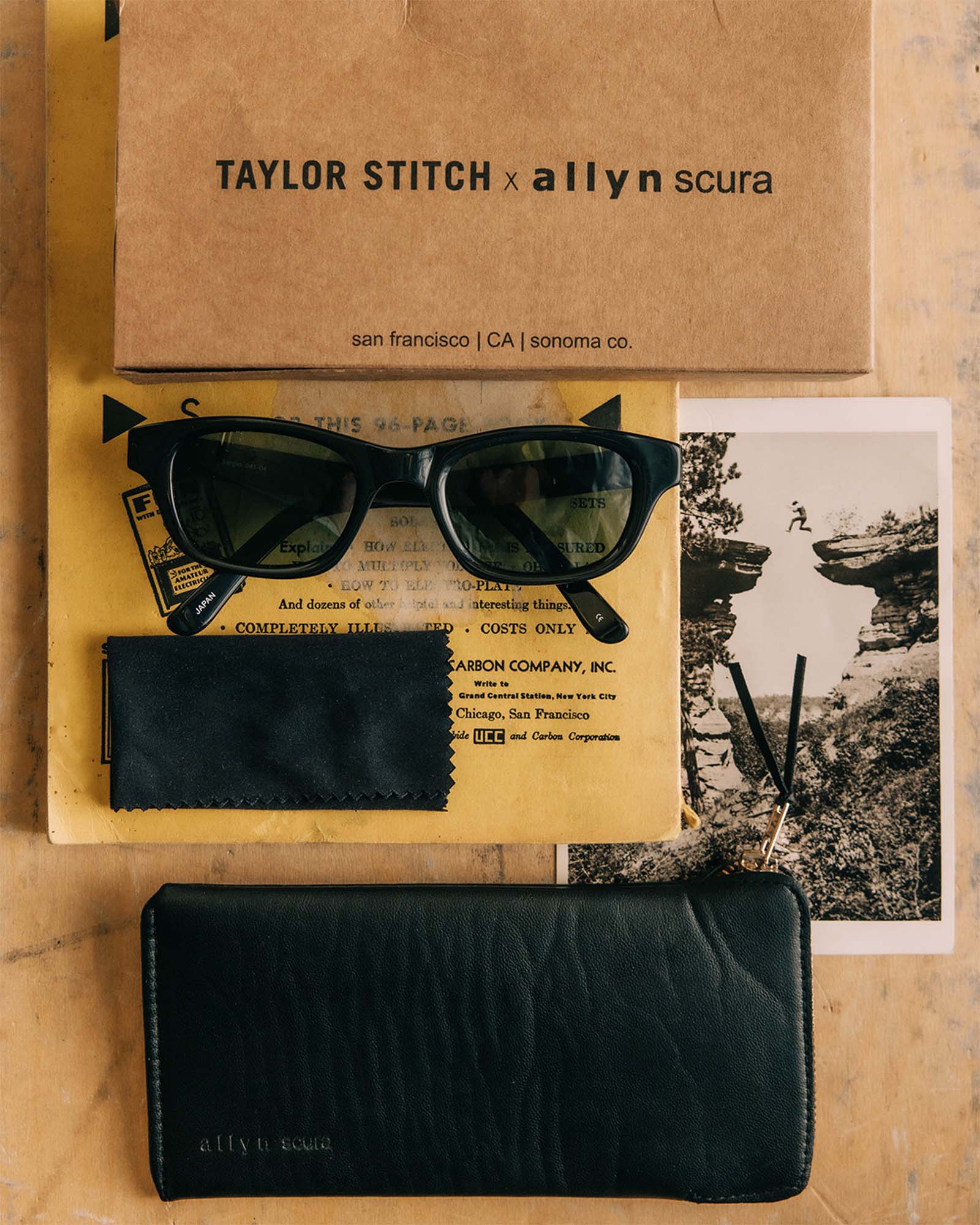 editorial flatlay of The Sergio in Black, Accessories by Taylor Stitch