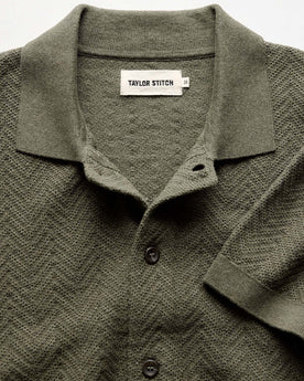 material shot of the collar on The Button Down Polo in Cilantro Herringbone, Knits by Taylor Stitch