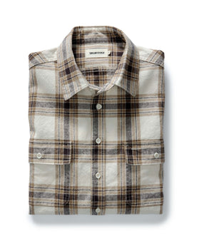 folded flatlay of The Craftsman Shirt in Bark Plaid Linen, Wovens by Taylor Stitch