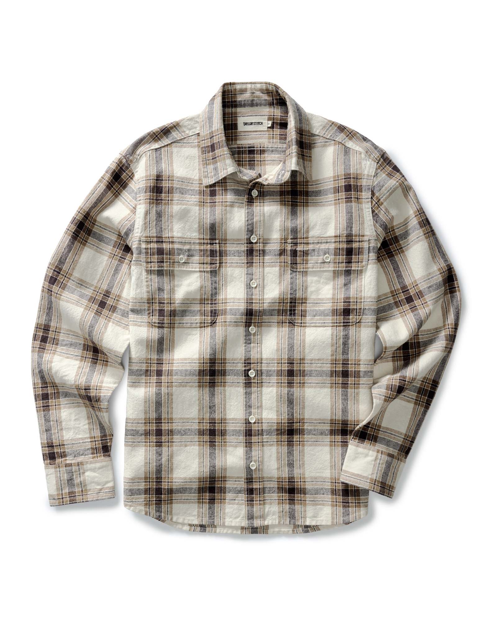 flatlay of The Craftsman Shirt in Bark Plaid Linen, Wovens by Taylor Stitch