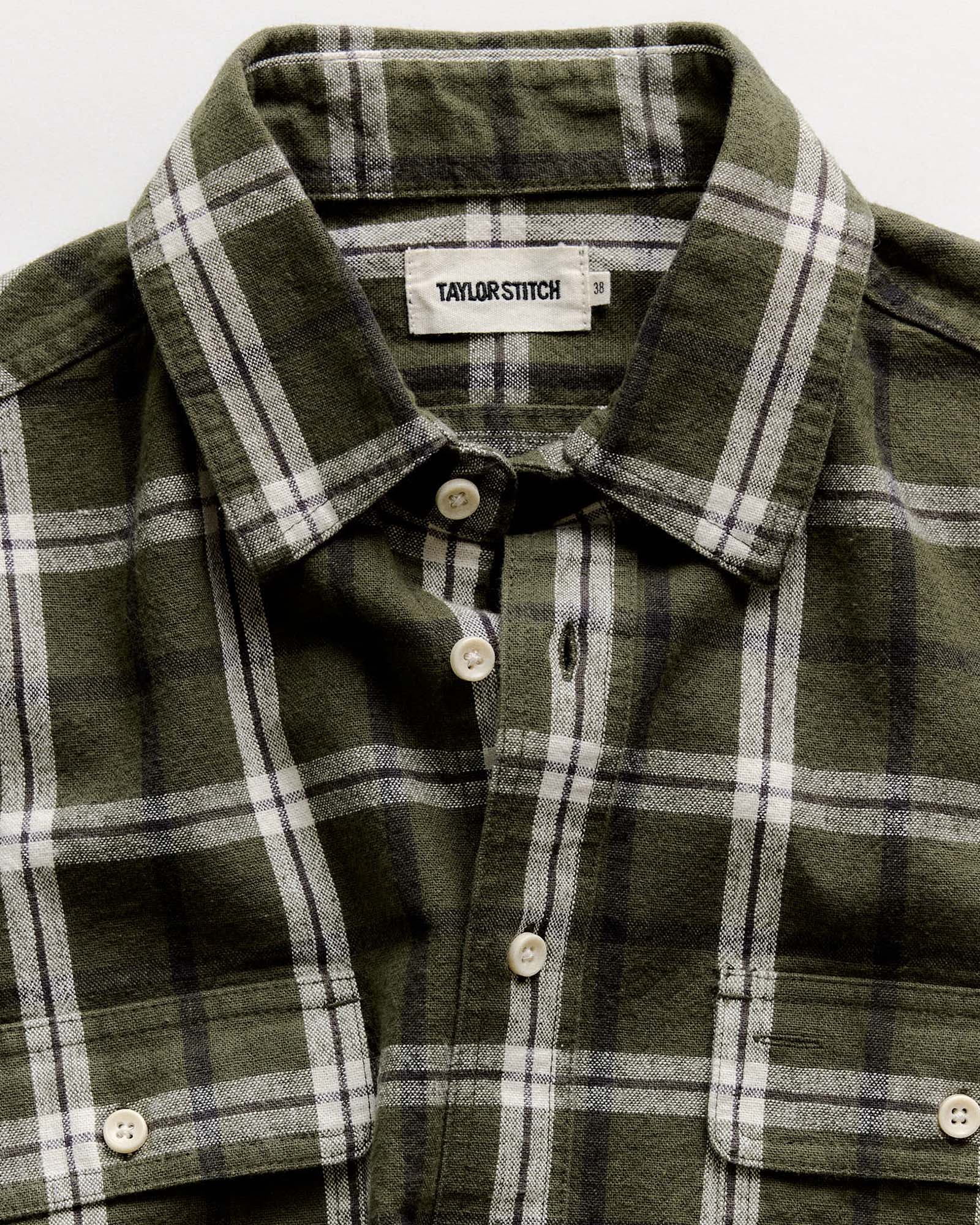 material shot of the collar of The Craftsman Shirt in Canteen Plaid Linen, Wovens by Taylor Stitch