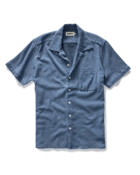 flatlay of The Hawthorne Shirt in Washed Indigo Crepe, Knits by Taylor Stitch