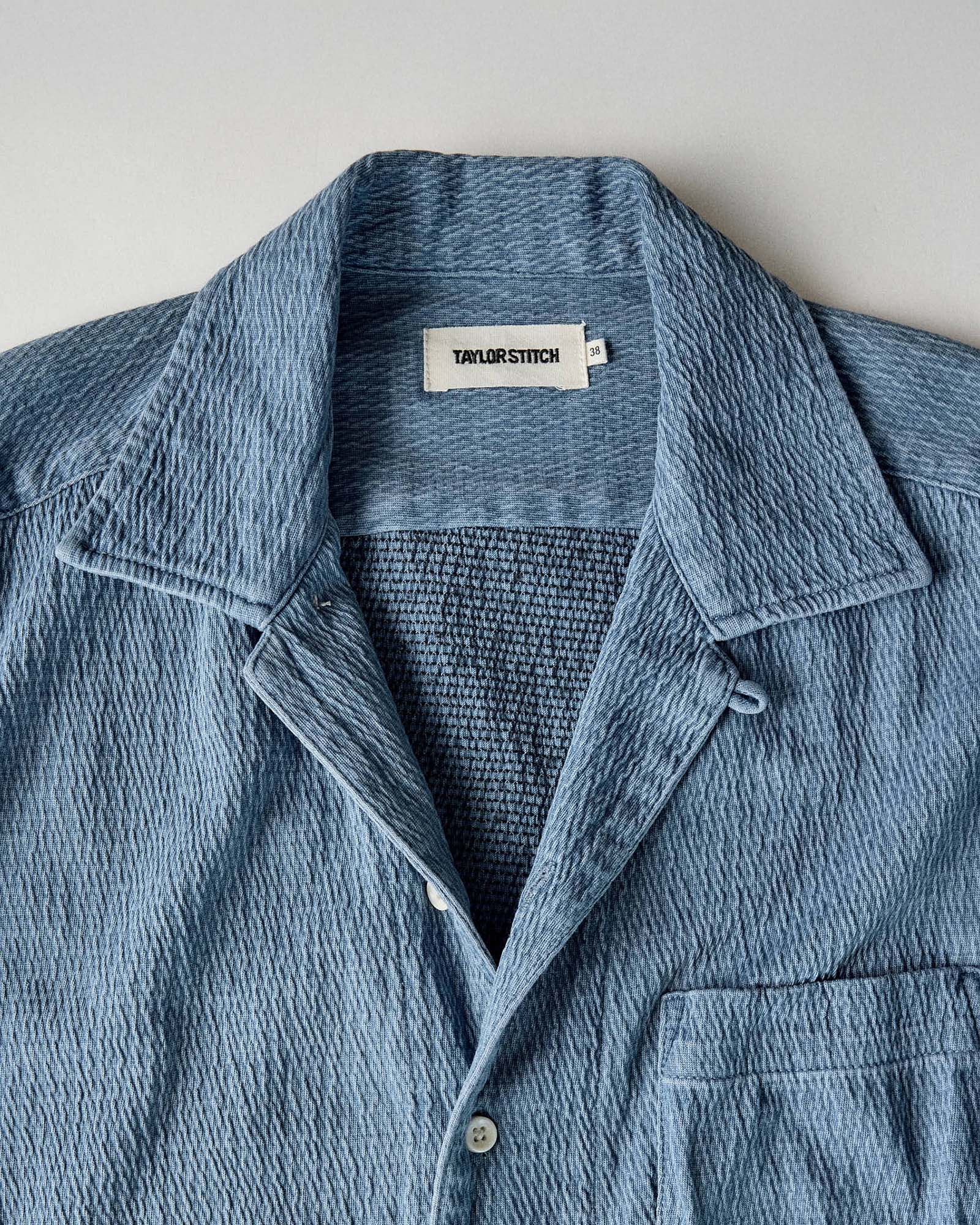material shot of the collar on The Hawthorne Shirt in Washed Indigo Crepe, Knits by Taylor Stitch