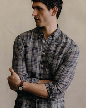fit model wearing The Jack in Navy Plaid Linen, Wovens by Taylor Stitch