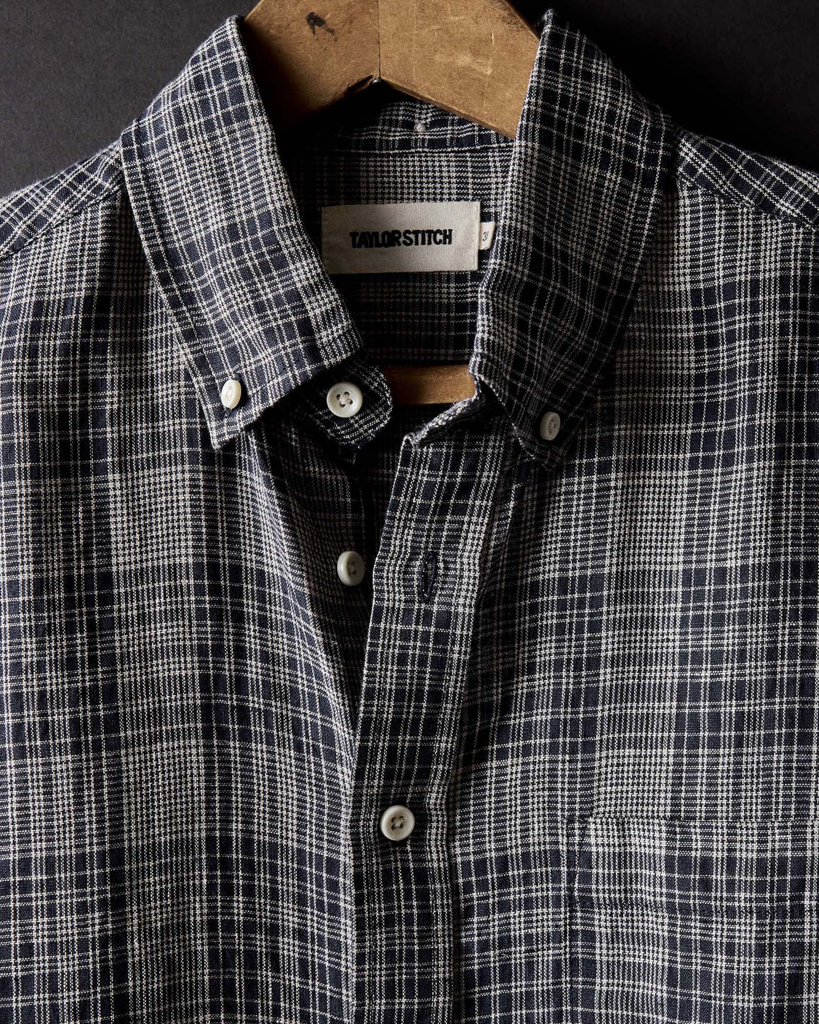 editorial image of The Jack in Navy Plaid Linen hanging, Wovens by Taylor Stitch