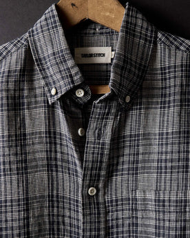 editorial image of The Jack in Navy Plaid Linen hanging, Wovens by Taylor Stitch