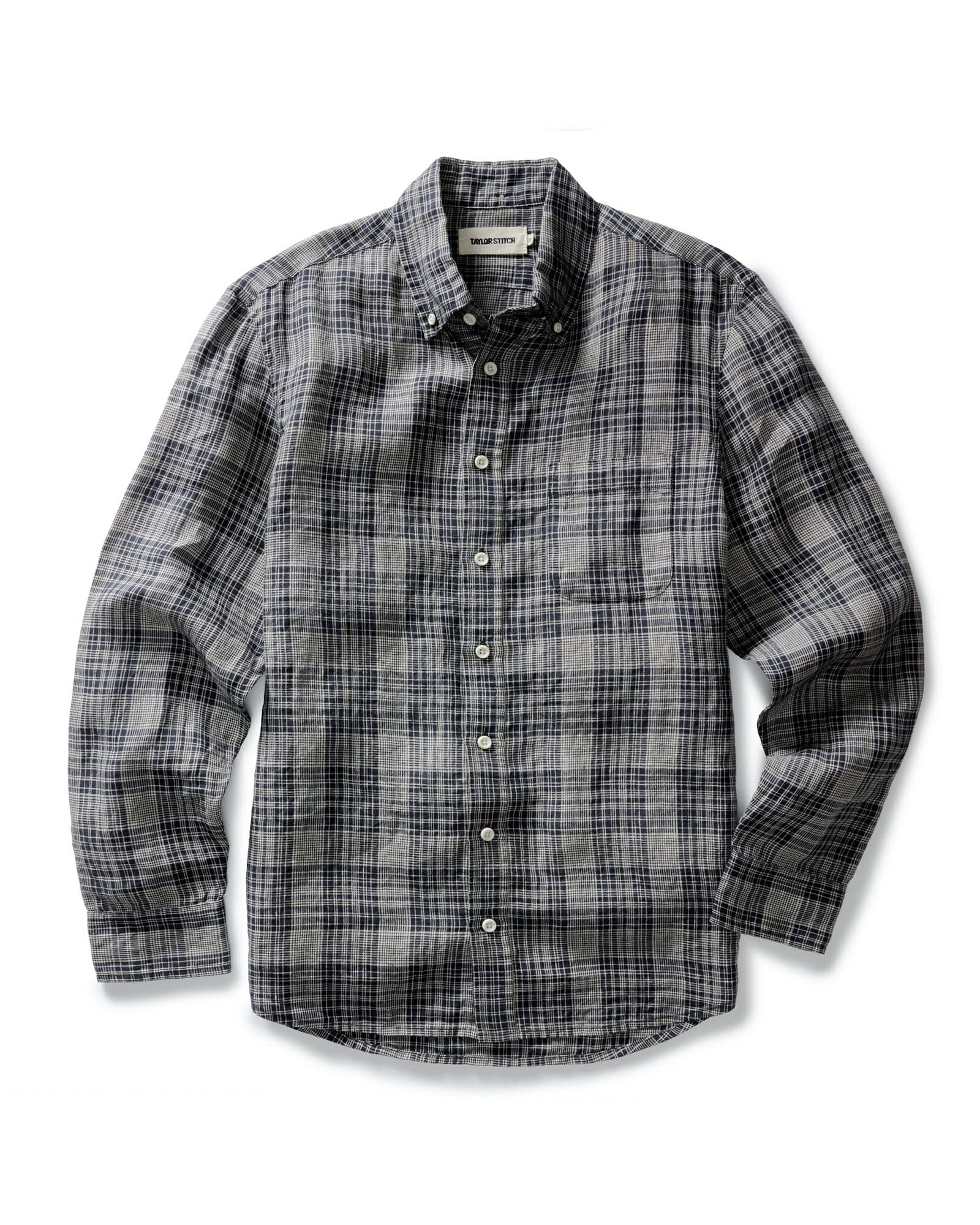 flatlay of The Jack in Navy Plaid Linen, Wovens by Taylor Stitch