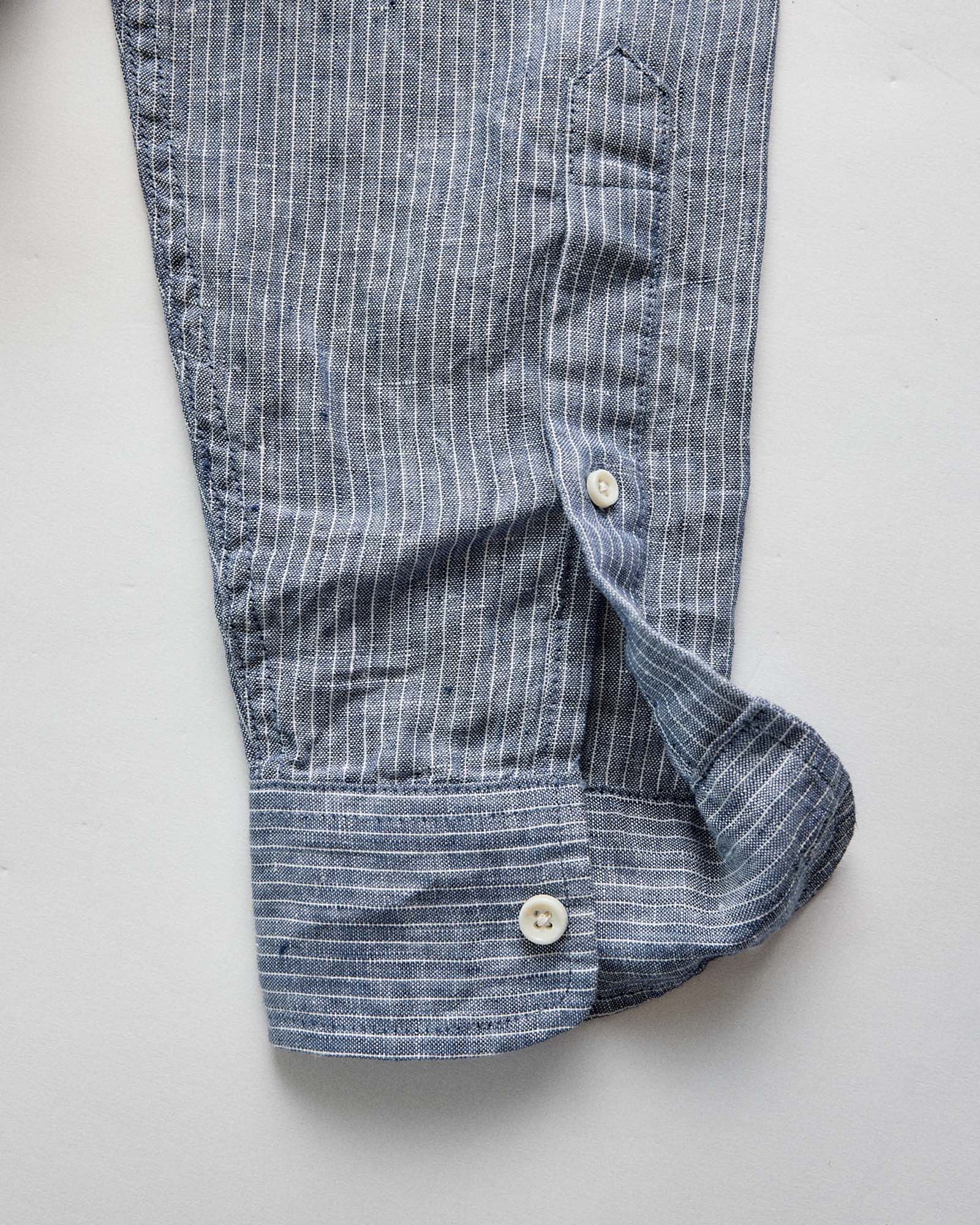 material shot of the cuff on The Jack in Sky Stripe Linen, Wovens by Taylor Stitch
