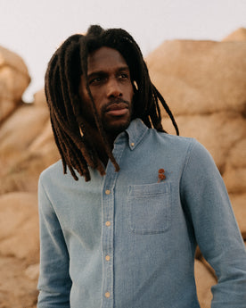 fit model posing in The Jack in Washed Indigo Waffle, Wovens by Taylor Stitch
