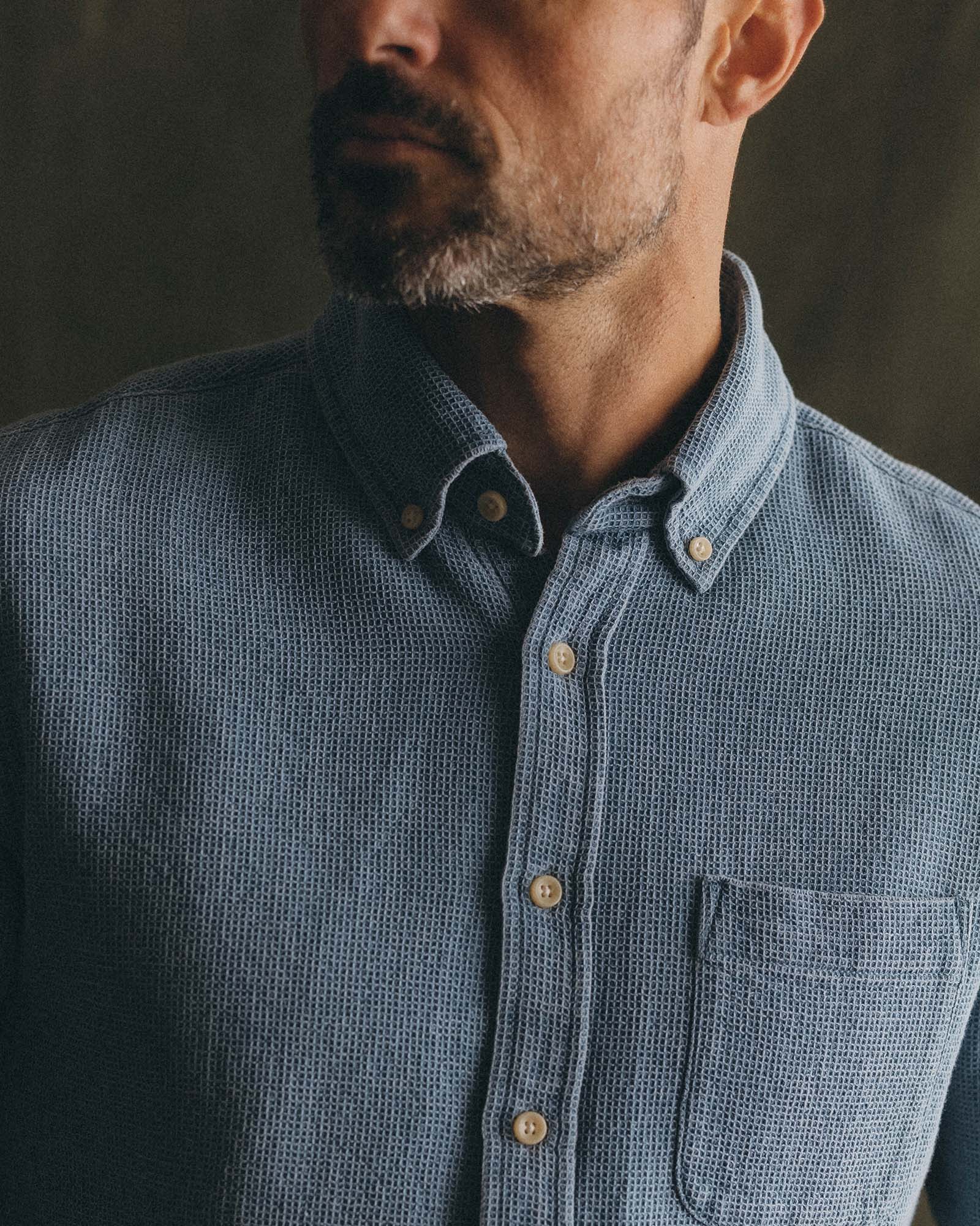 fit model walking wearing The Jack in Washed Indigo Waffle, Wovens by Taylor Stitch