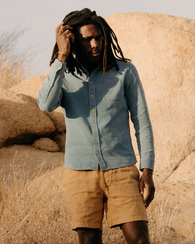 fit model walking wearing The Jack in Washed Indigo Waffle, Wovens by Taylor Stitch