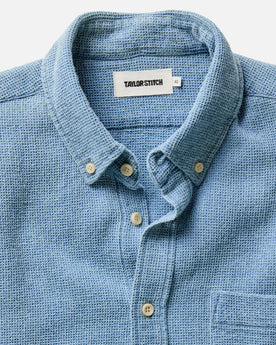material shot of the texture on The Jack in Washed Indigo Waffle, Wovens by Taylor Stitch