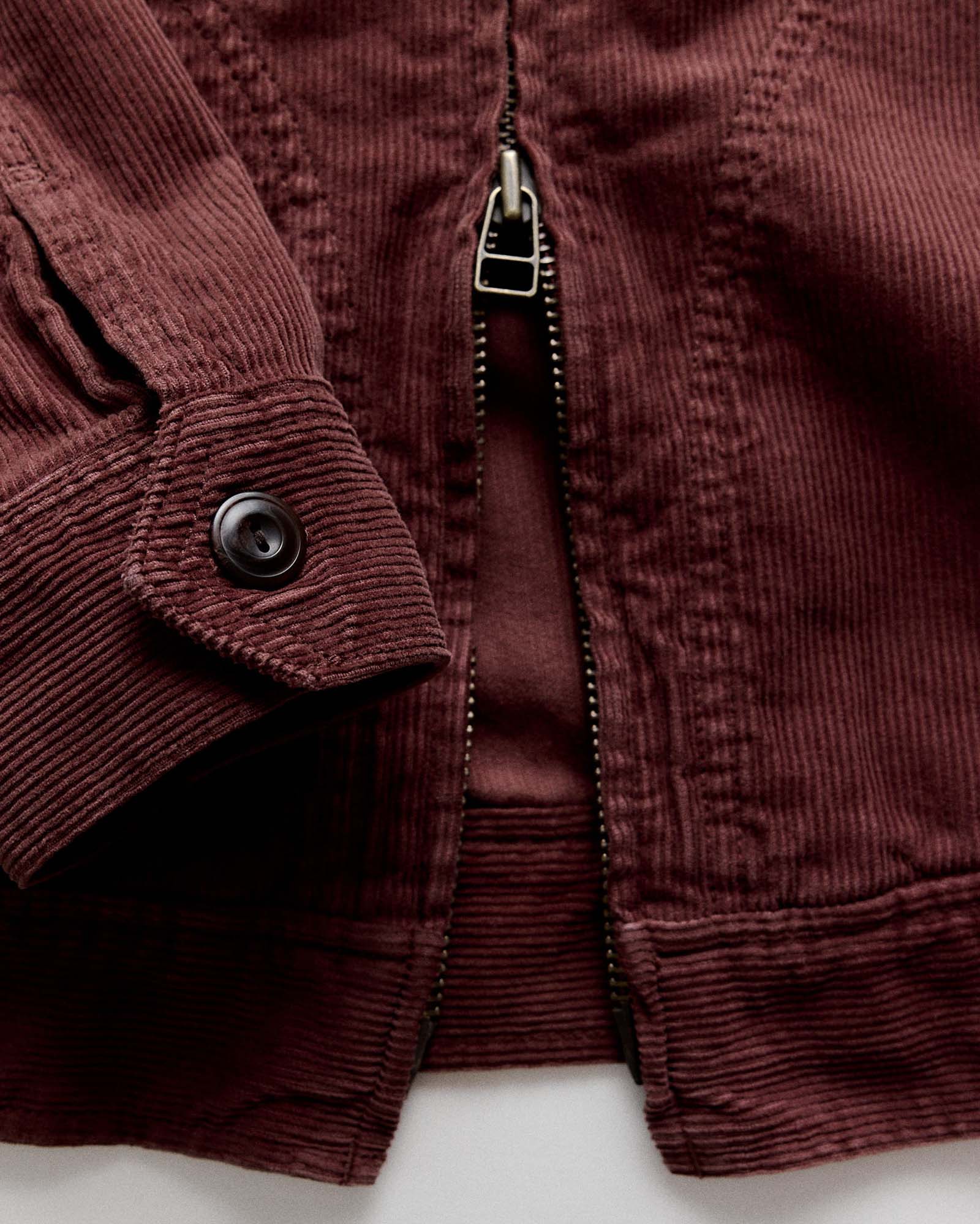 material shot of the zipper on The Piston Jacket in Dried Cherry Corduroy, Outerwear by Taylor Stitch