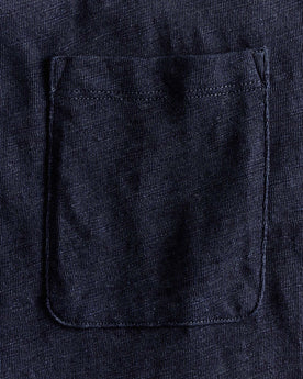 material shot of the pocket on The Organic Cotton Tee in Rinsed Indigo, Knits by Taylor Stitch