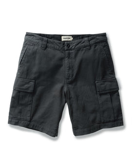 flatlay of The Tommie Short in Faded Black Broken Twill, Bottoms by Taylor Stitch