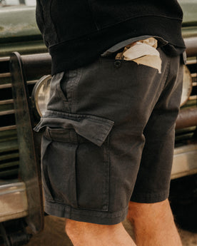 fit model showing off the back of The Tommie Short in Faded Black Broken Twill, Bottoms by Taylor Stitch