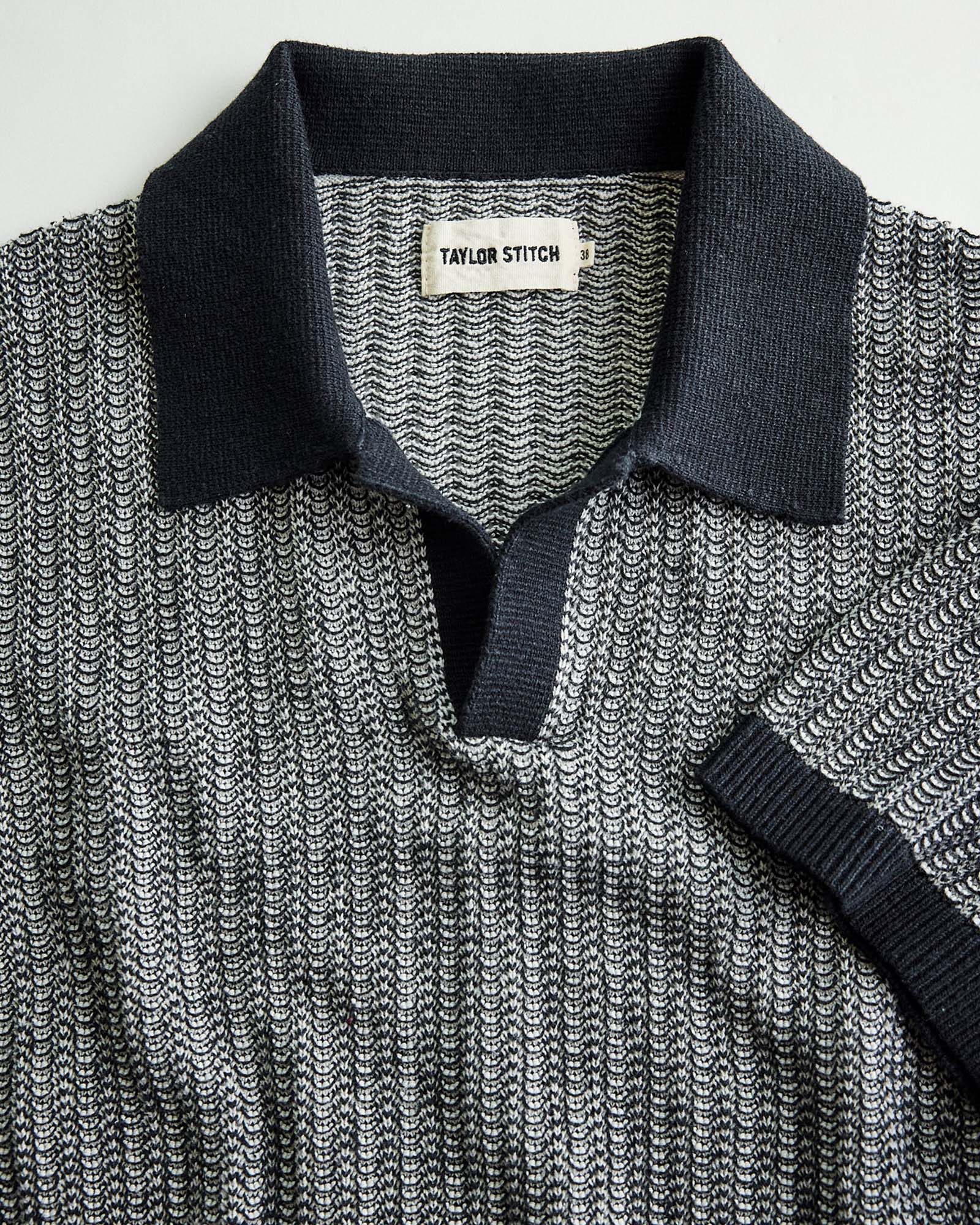 material shot of the collar on The Valencia Sweater Polo in Coal Scallop, Knits by Taylor Stitch