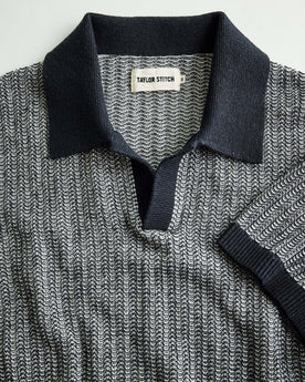 material shot of the collar on The Valencia Sweater Polo in Coal Scallop, Knits by Taylor Stitch
