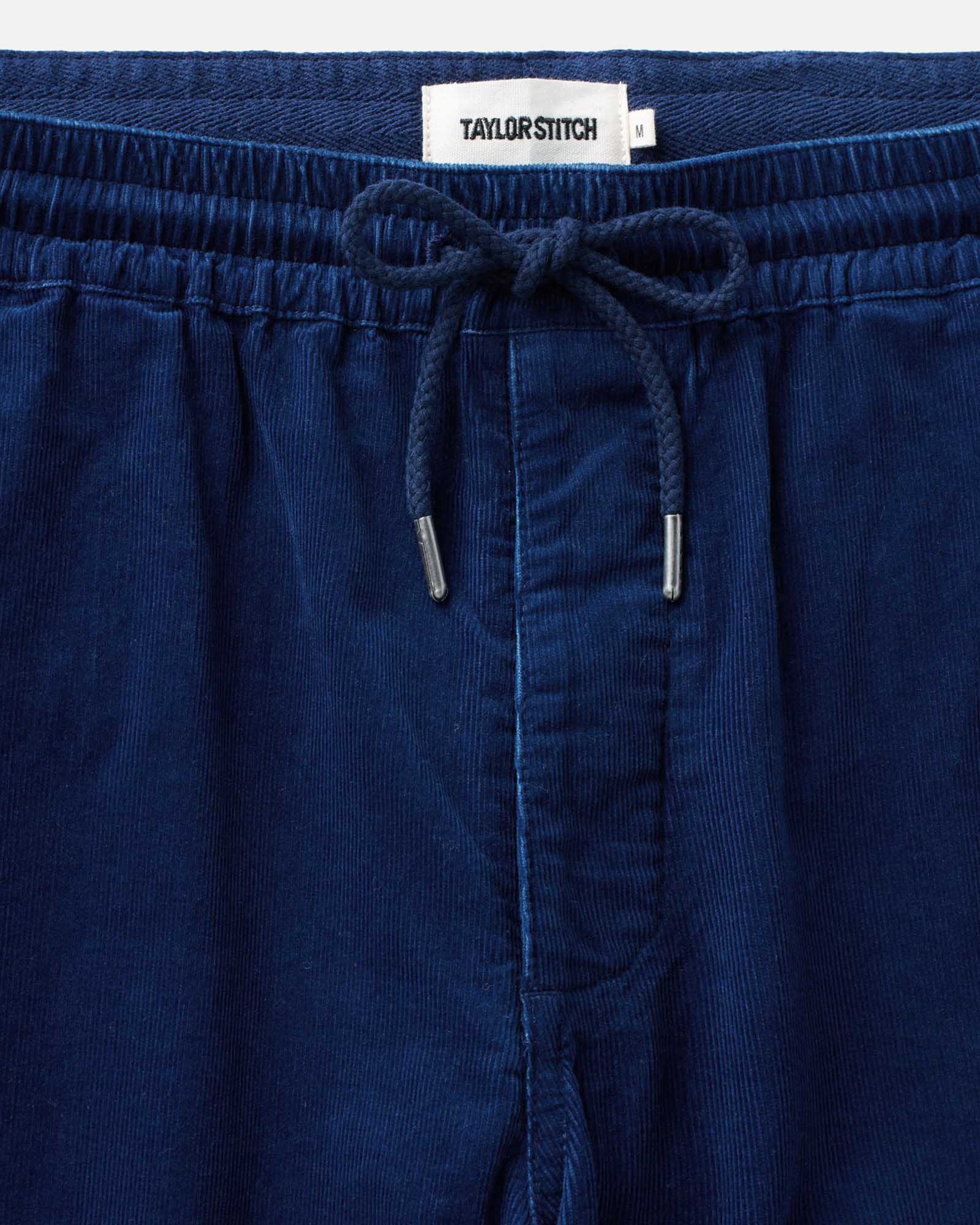 material shot of the waistband on The Apres Short in Rinsed Indigo Pincord, Bottoms by Taylor Stitch