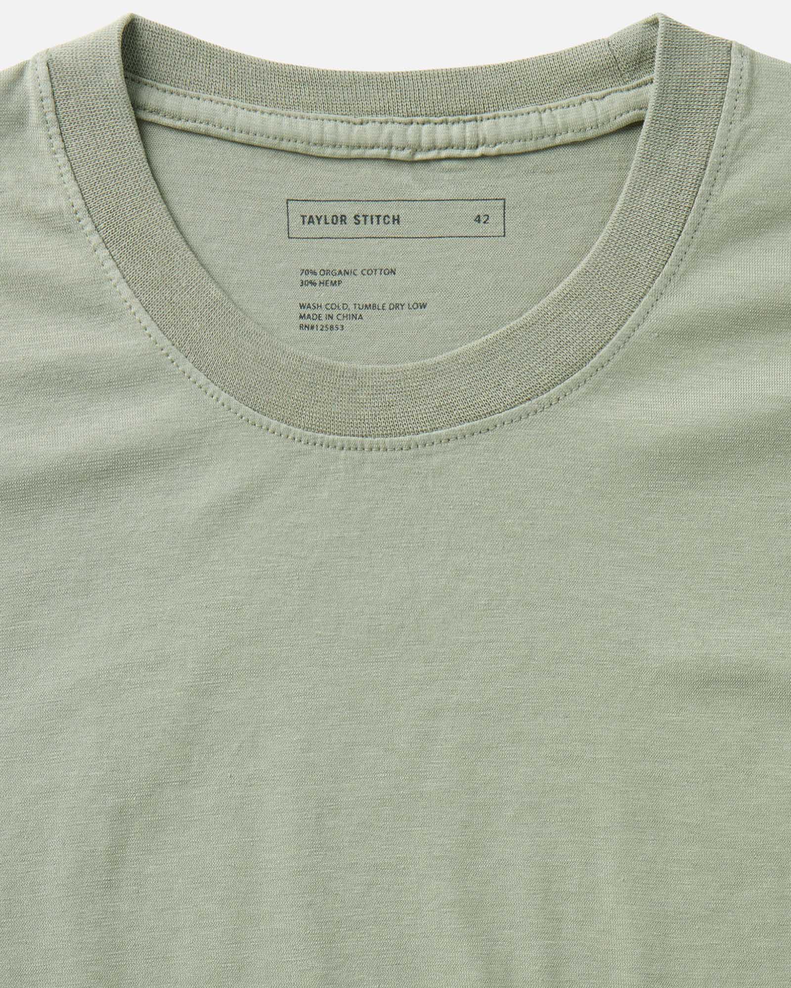 material shot of the collar on The Cotton Hemp Tee in Sage, Knits by Taylor Stitch