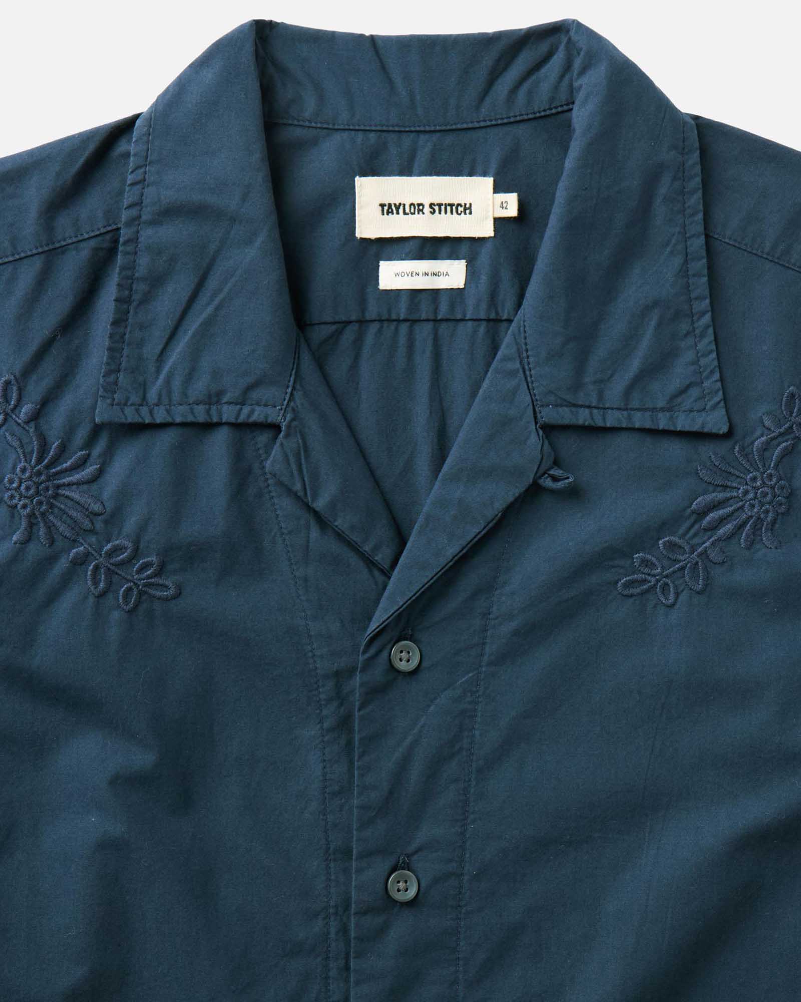 material shot of the collar on The Davis Shirt in Navy Floral Embroidery, Wovens by Taylor Stitch