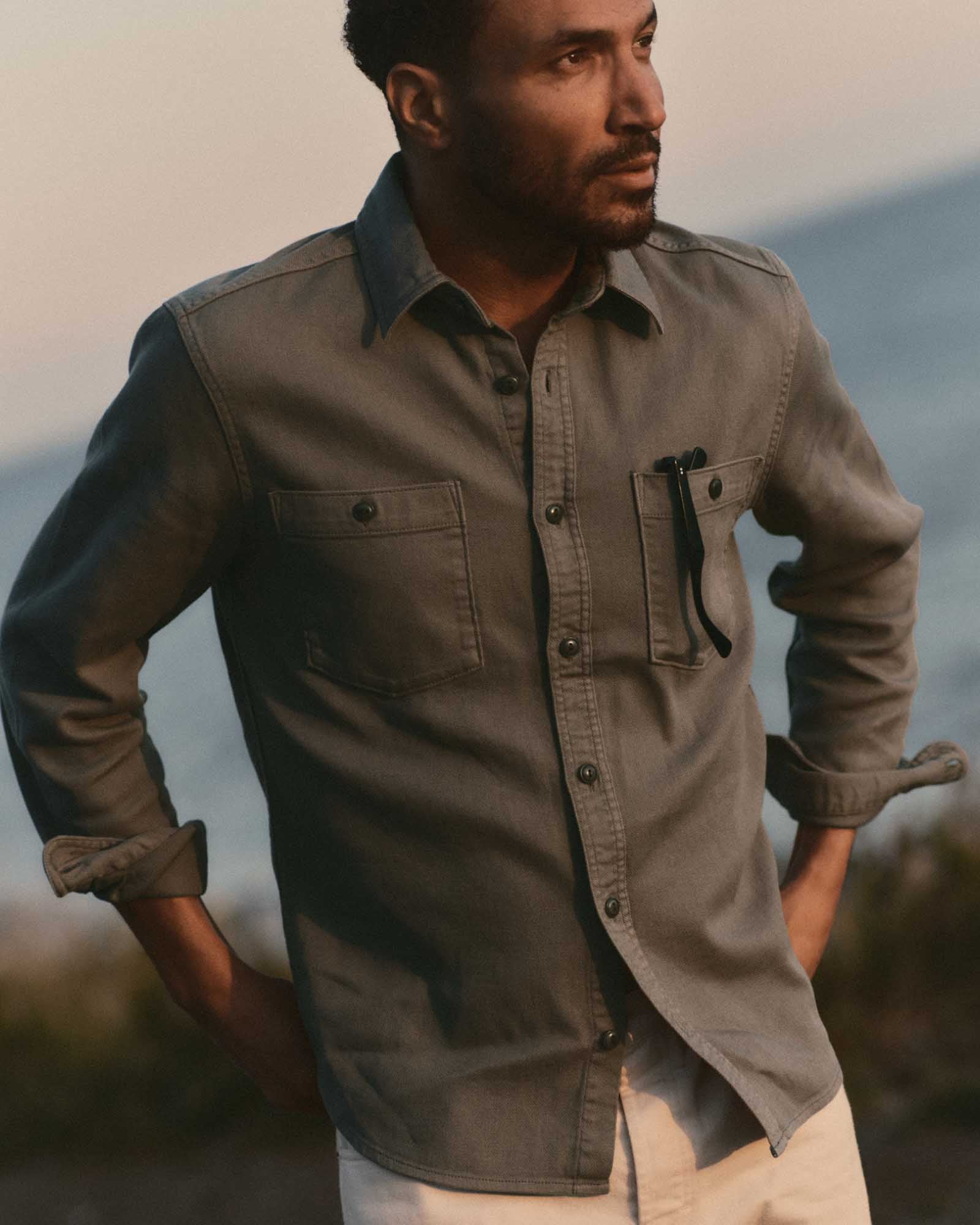 fit model showing off The Dispatch Shirt in Smoked Olive Broken Twill, Wovens by Taylor Stitch