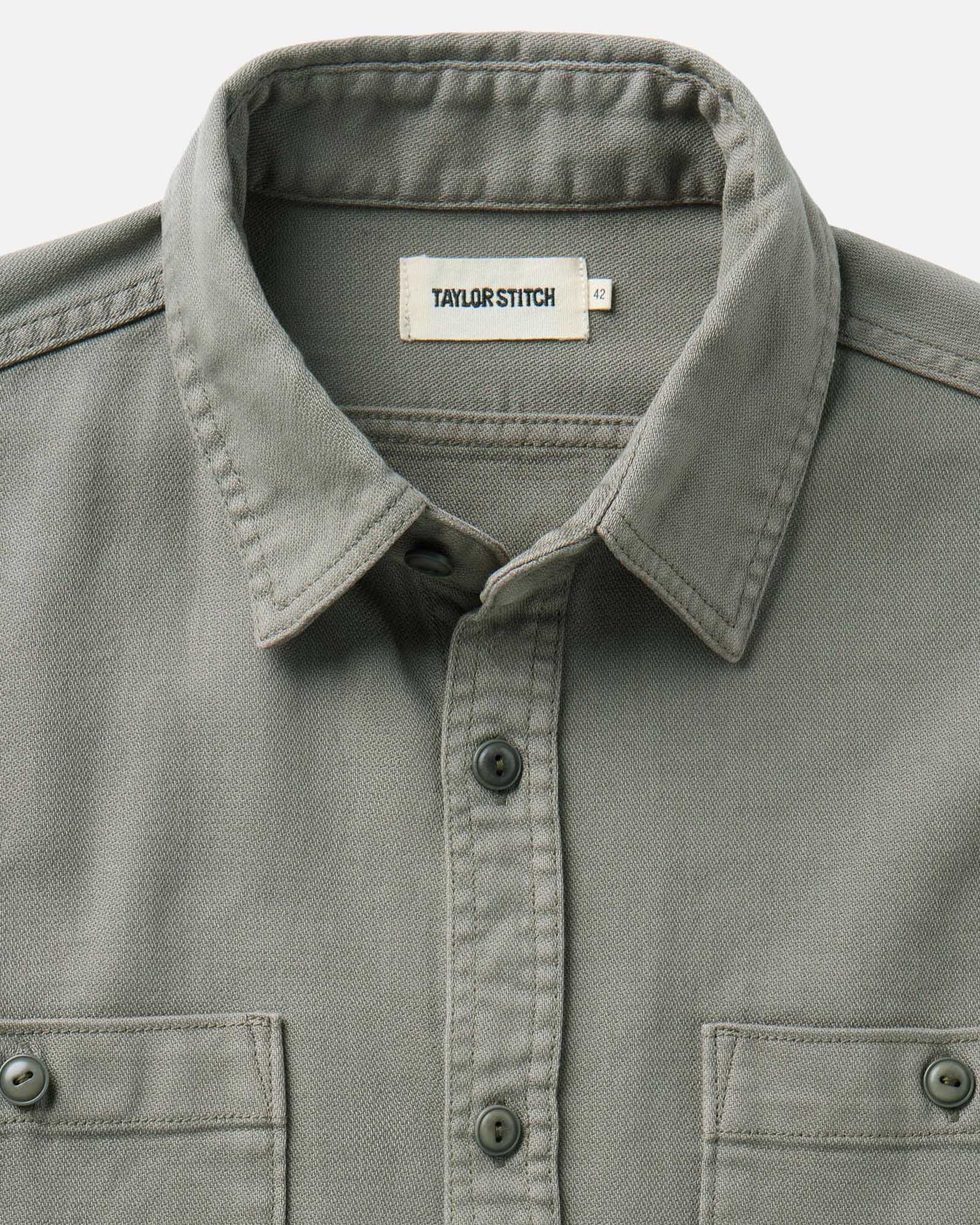 material shot of the collar on The Dispatch Shirt in Smoked Olive Broken Twill, Wovens by Taylor Stitch