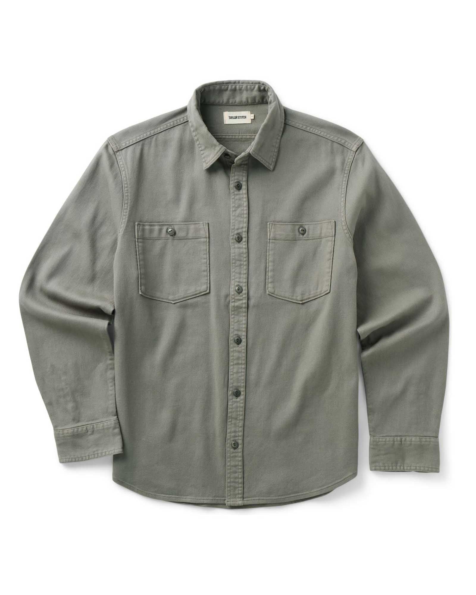 flatlay of The Dispatch Shirt in Smoked Olive Broken Twill, Wovens by Taylor Stitch