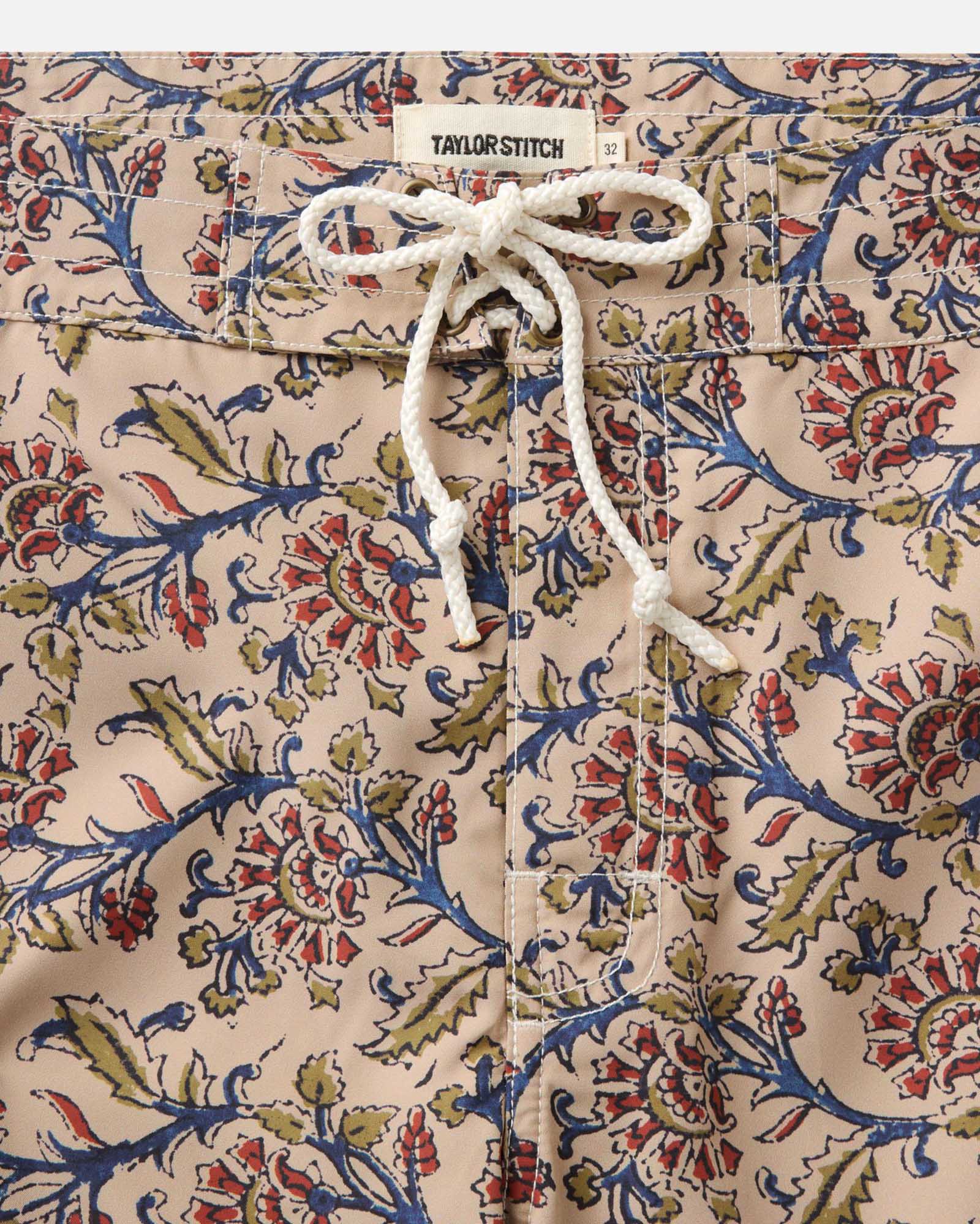 material shot of the waistabnd on The Drift Boardshort in Ivory Floral, Bottoms by Taylor Stitch