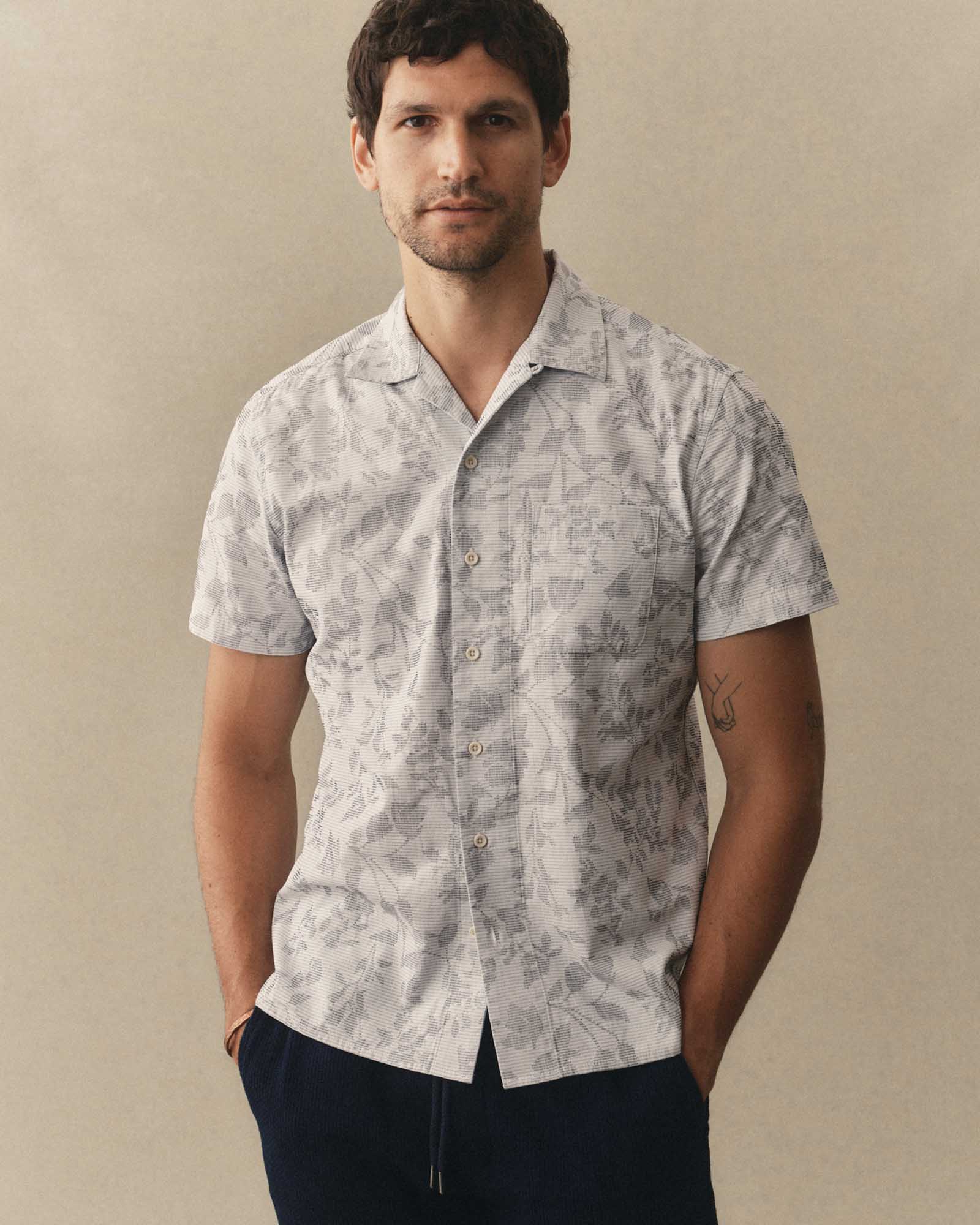 fit model showing off The Hawthorne Shirt in Sky Blue Floral Jacquard, Wovens by Taylor Stitch