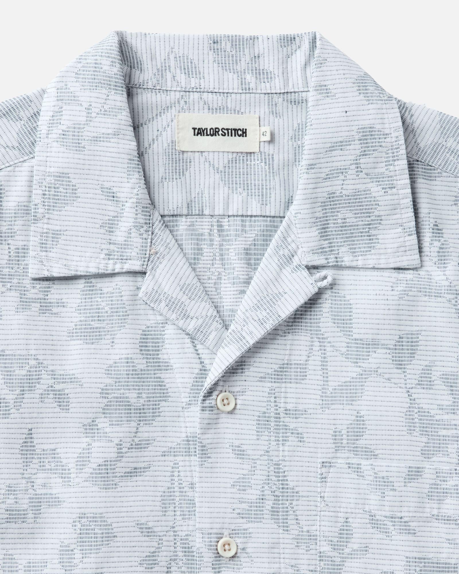 material shot of the collar on The Hawthorne Shirt in Sky Blue Floral Jacquard, Wovens by Taylor Stitch