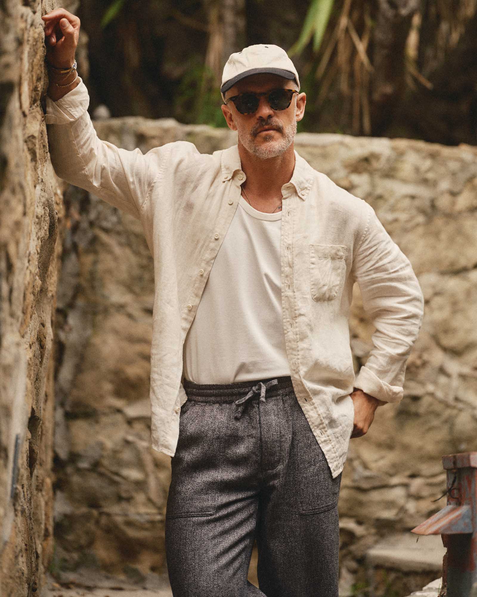 fit model showing off The Jack in Vintage White Linen, Wovens by Taylor Stitch