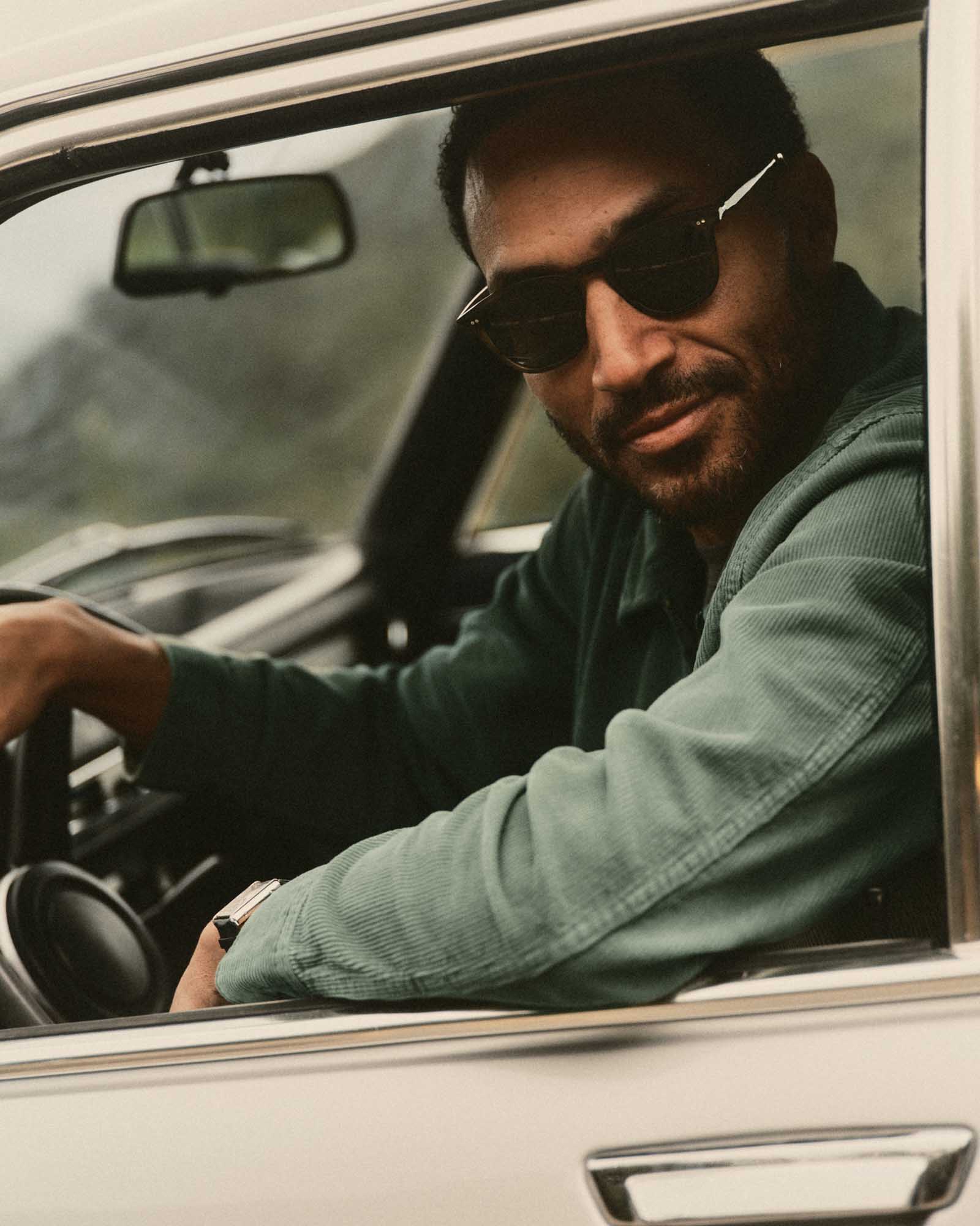 fit model posing in The Legend in Green Tortoise, Accessories by Taylor Stitch