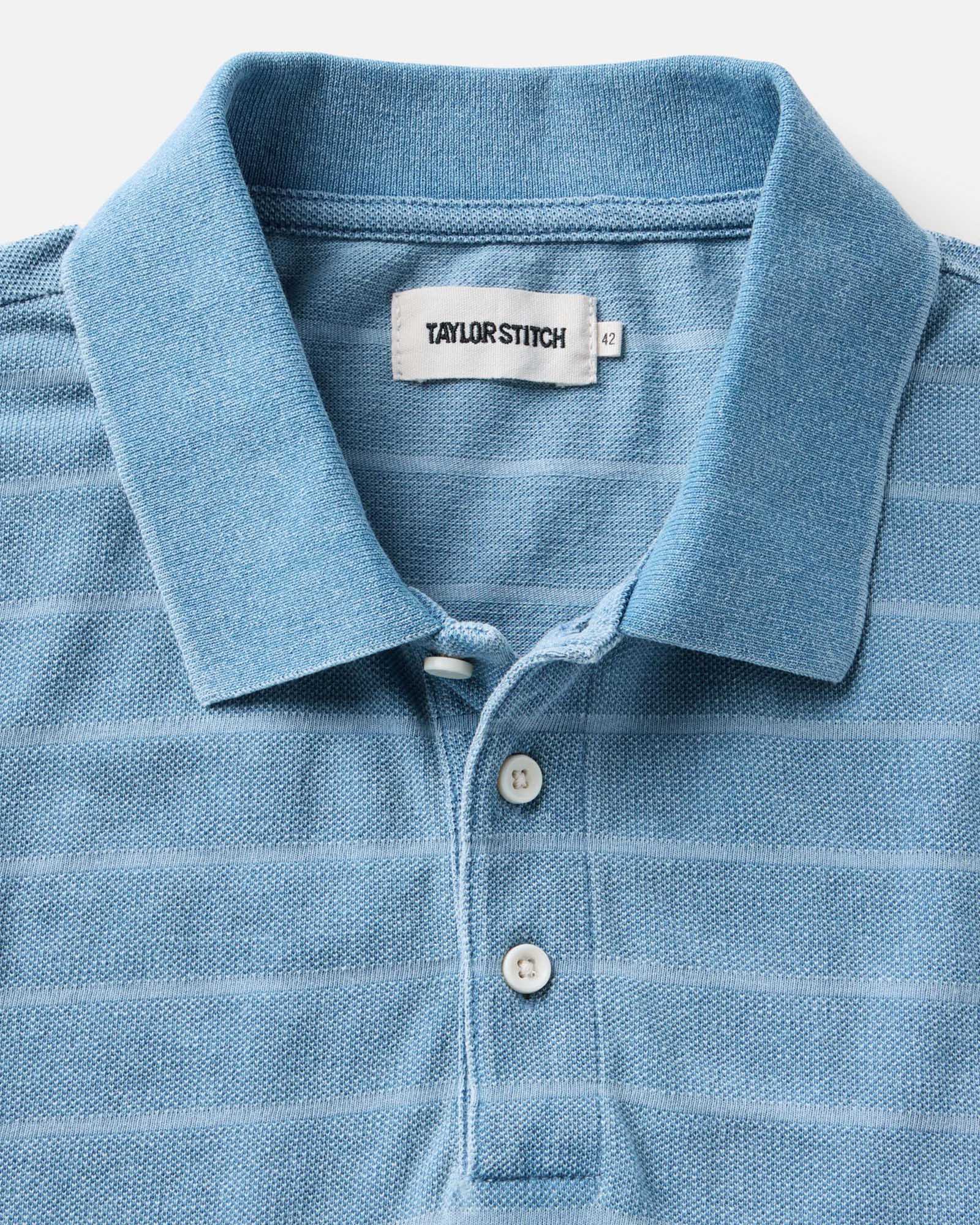 material shot of the collar on The Pacific Polo in Washed Indigo Pique Stripe, Knits by Taylor Stitch