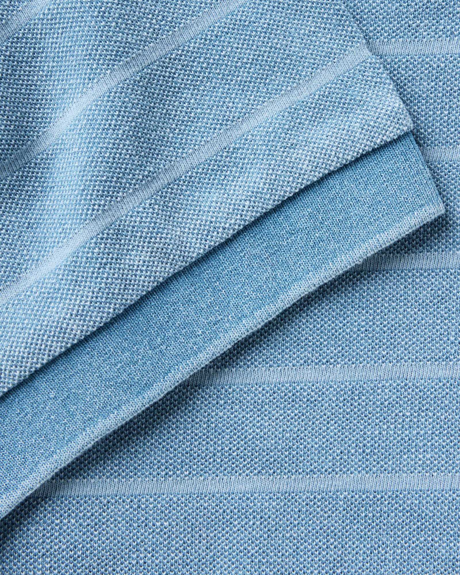 material shot of the sleeve on The Pacific Polo in Washed Indigo Pique Stripe, Knits by Taylor Stitch