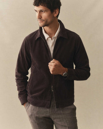 fit model posing in The Piston Jacket in Coal Corduroy