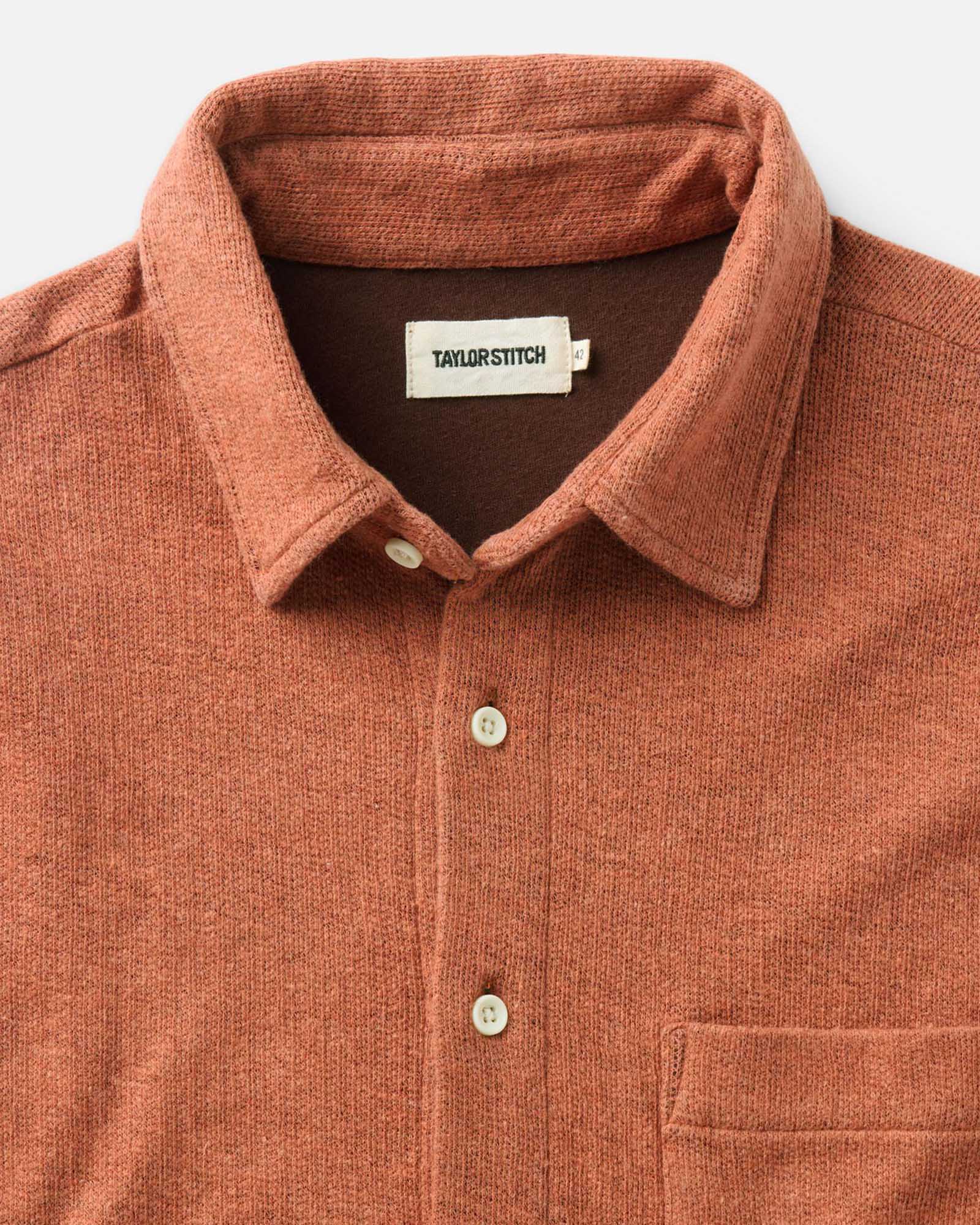 material shot of the collar on The Short Sleeve California in Heather Driftwood Double Knit, Knits by Taylor Stitch