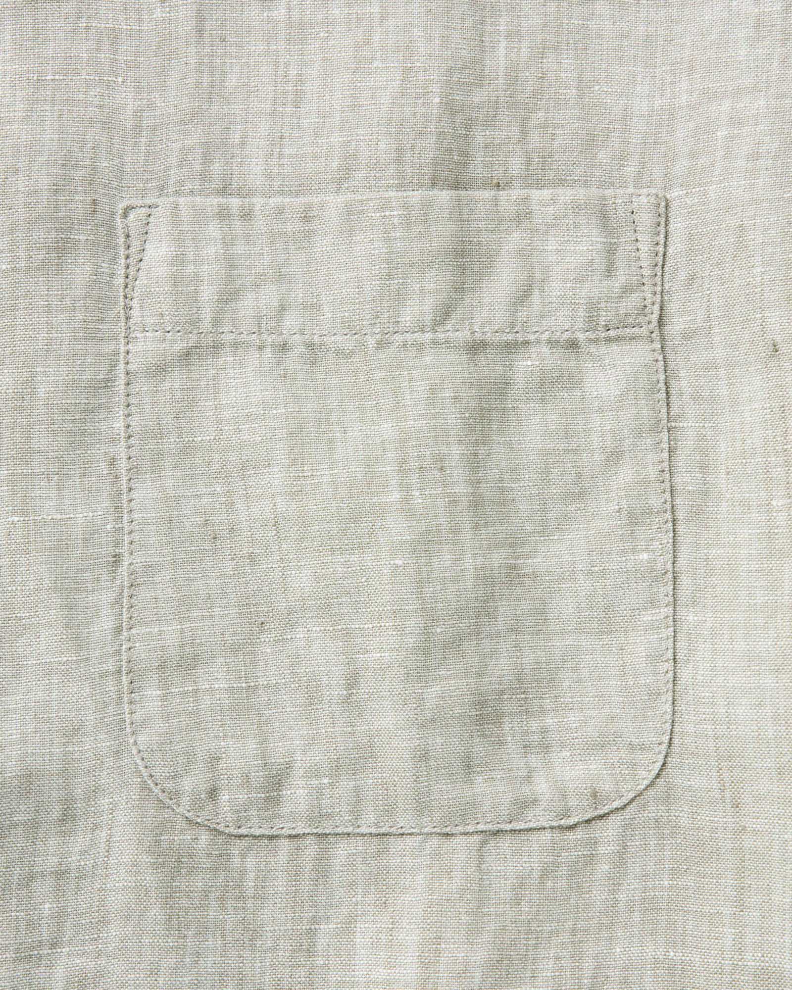 material shot of the pocket on The Short Sleeve Jack in Sage Linen, Wovens by Taylor Stitch