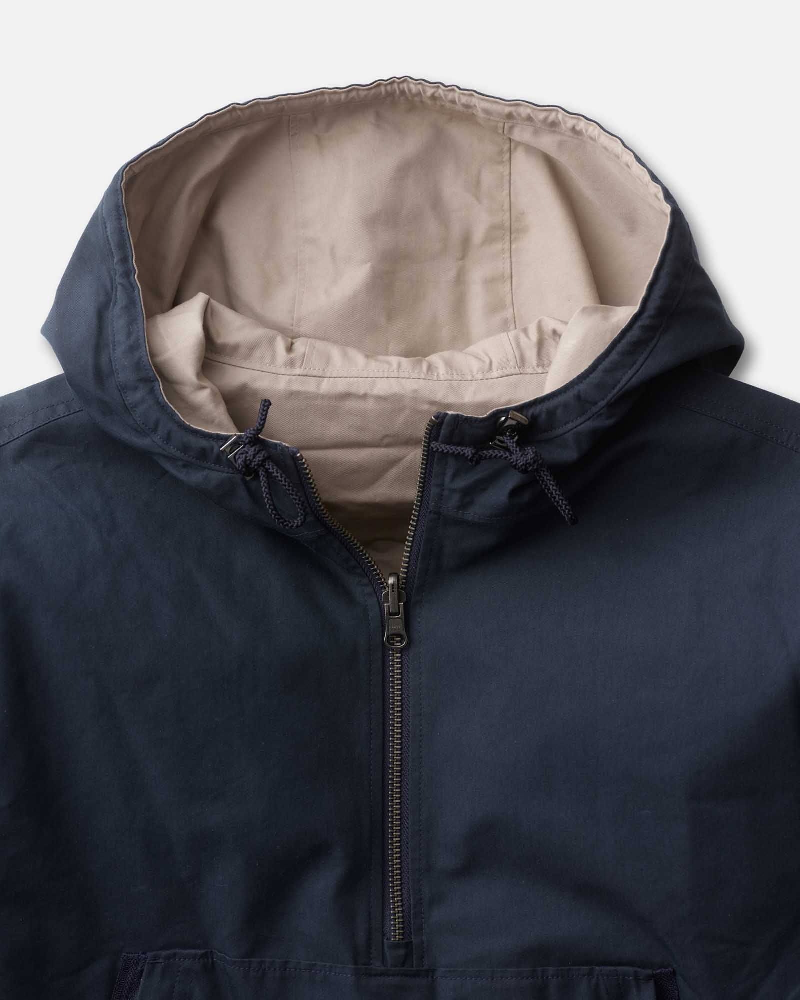 material shot of the hood on The Squall Anorak in Navy Twill, Outerwear by Taylor Stitch